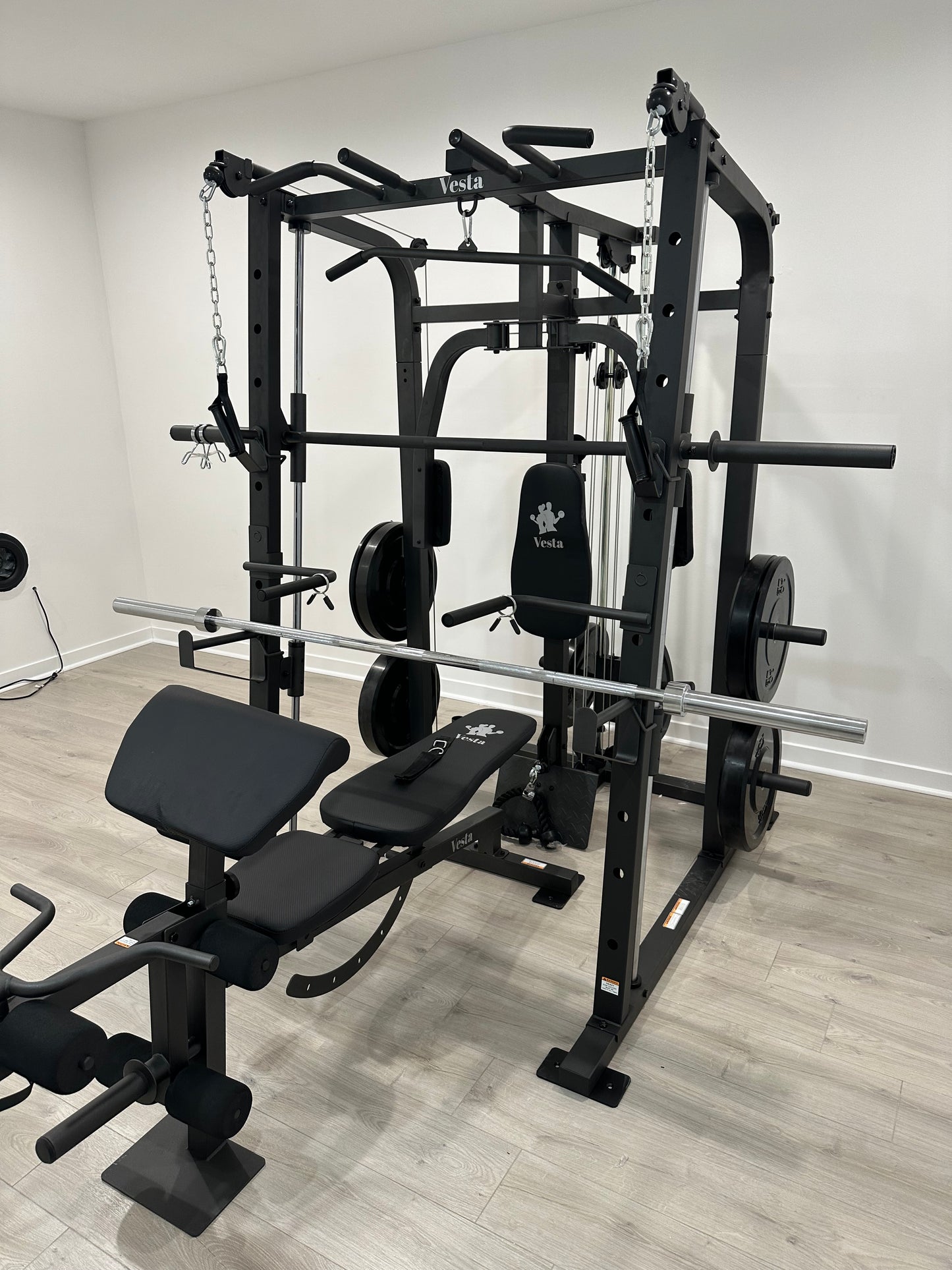 Smith Machine 1001 w/Bench Attachment | 230lb Bumpers Olympic Weights | 7ft Olympic Bar