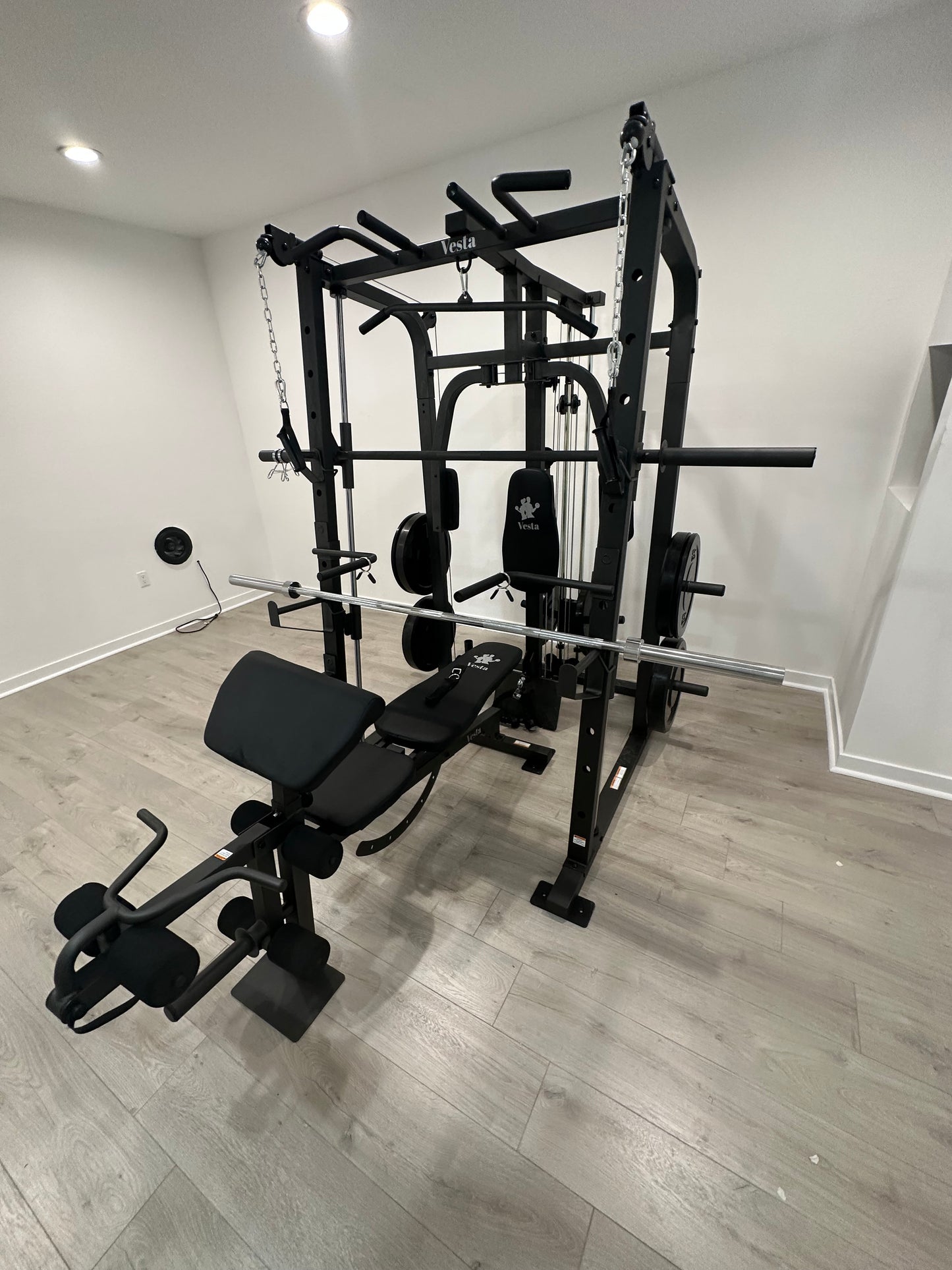 Smith Machine 1001 w/Bench Attachment | 230lb Bumpers Olympic Weights | 7ft Olympic Bar