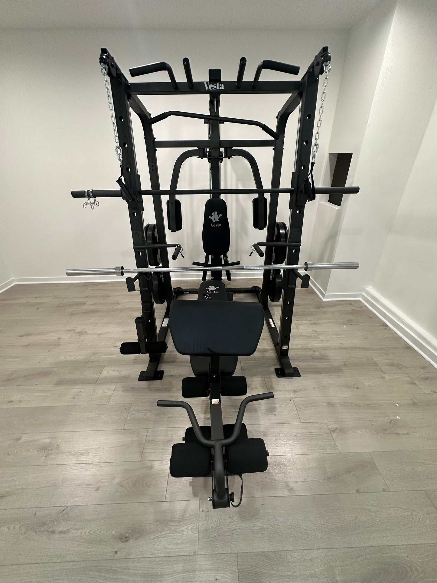 Smith Machine 1001 w/Bench Attachment | 230lb Bumpers Olympic Weights | 7ft Olympic Bar