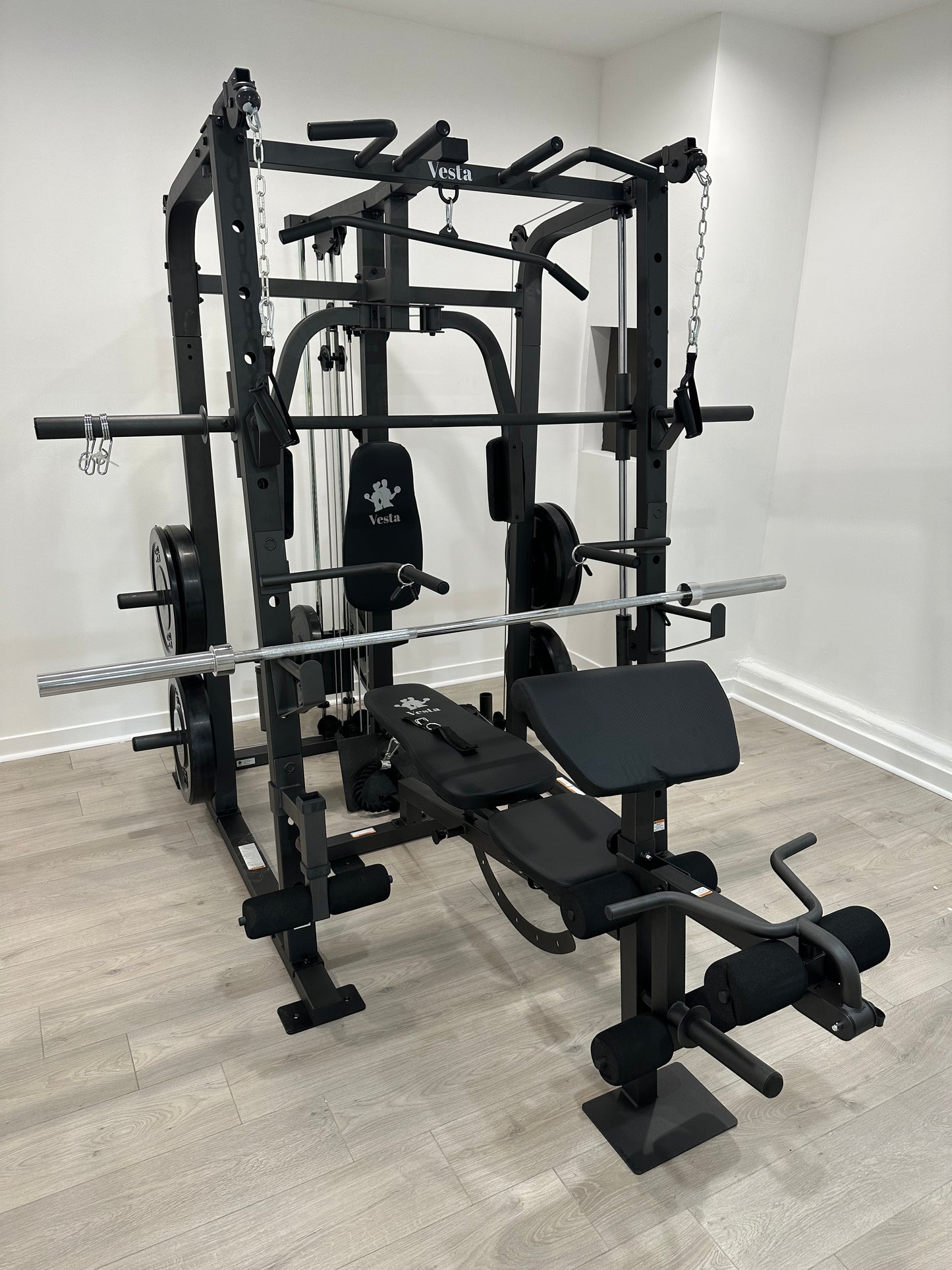Smith Machine 1001 w/Bench Attachment | 230lb Bumpers Olympic Weights | 7ft Olympic Bar