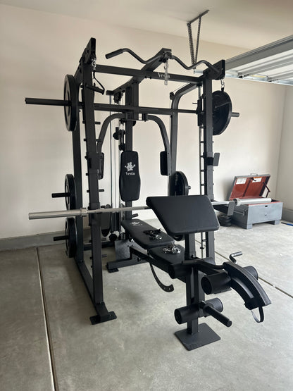 Smith Machine 2001 w/Bench Attachment | 230lb Bumpers Weights | 7ft Olympic Bar