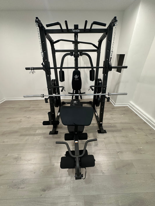 Smith Machine 1001 w/Bench Attachment | 230lb Bumpers Olympic Weights | 7ft Olympic Bar